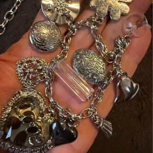 Silver-Tone Heart Charm Bracelet with Black and Clear Accents